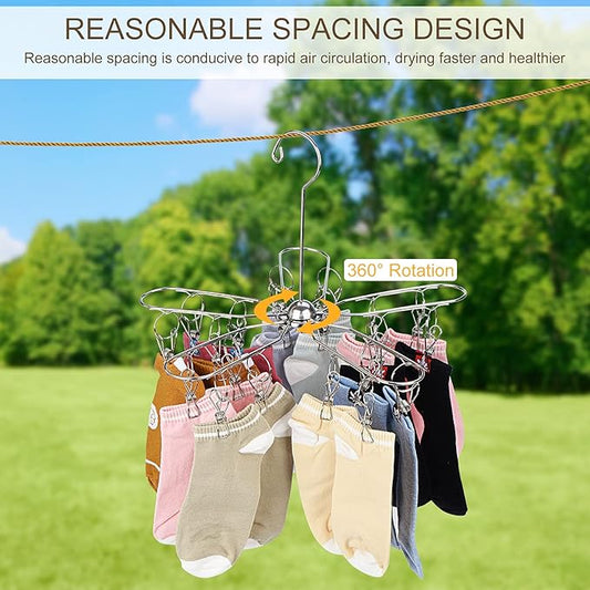 Foldable Clothes Drying Hanger Stainless Steel Laundry Drying Rack with 20 Clips, Sock Dryer Hanger for Hanging Underwear, Towels, Baby Clothes, Lingerie, Bra, Hat, Scarf, Gloves, Diapers
