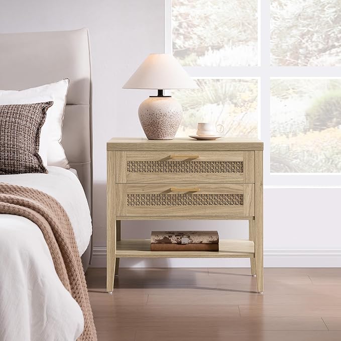 SICOTAS Night Stand Set 2 - Large Nightstands Sets of 2 with Drawers and Shelf, Rustic Bedside Table for Bedroom, Mid Century Modern Nightstand, 25.7" Tall Side End Table (Light Walnut, 2 Pieces)