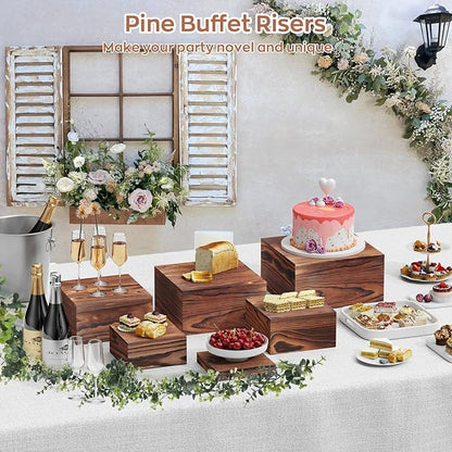 6 PCS Wooden Buffet Risers, Wood Display Risers for Food, Wooden Square Risers Display Stands, Food Risers for Buffet Table (10", 9" , 8", 7", 6", 5") with 67" Faux Greenery Vine