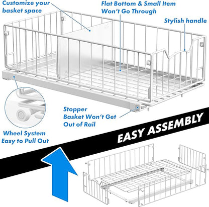 Simple Houseware Pull-Out Cabinet Sliding Basket Organizer, 17.2" D x 9.7" W x 5" H – White, Ideal for Kitchen and Bathroom Cabinet Storage, Under Sink or Pantry Organization