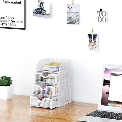 EasyPAG Mesh Desk Organizer with 3 Drawer Office Desktop Organizers and Accessories Stationery Caddy for Office, Home, Students, White
