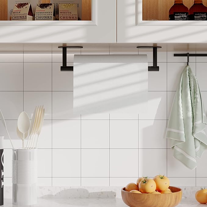 RUACQ Paper Towel Holder Under Cabinet, Wall Mounted or Adhesive Stainless Steel Paper Towel Holder,Round Base Paper Towel Rack for Kitchen, RV, Bathroom (Matte Black)