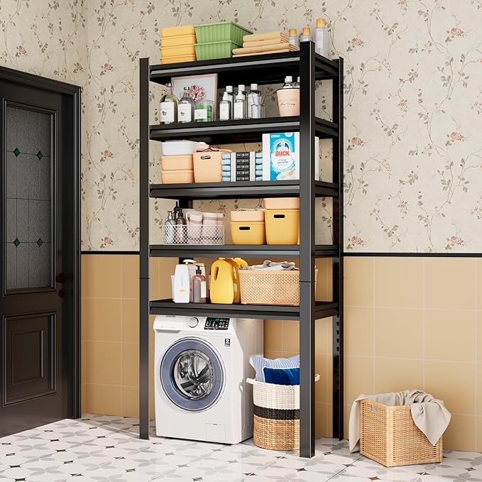 Over Washer and Dryer Shelves, 5 Tier Adjustable Metal Washing Machine Shelf, Sturdy and Spacious Laundry Room Organization and Storage Rack, 39.37''W*17.72''D*77.44''H, Black