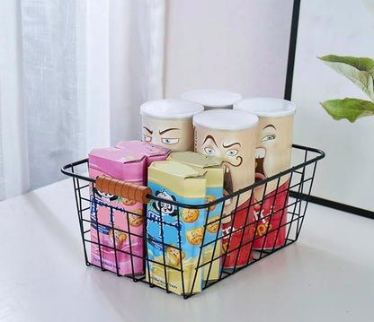 Wire Kitchen Storage Basket 2 Packs,Perfect Pantry Organization Accessories Baskets,Laundry Basket,With a Wooden handle,Suitable for Kitchen,Bathroom,Bedroom,Tabletop,Stackable,Black