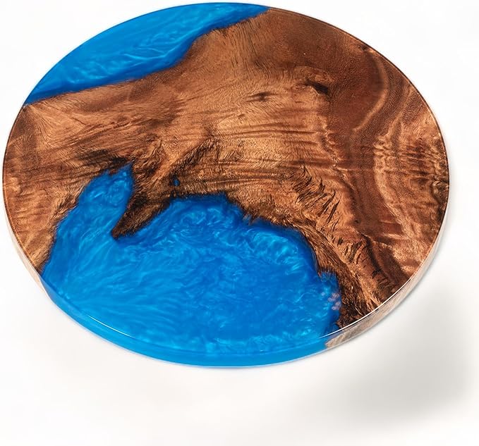 Handmade Reversible 16" Wood and Epoxy Resin Lazy Susan, Turntable for Kitchen Countertop, Rotating Display Stand, Organizer and Storage for Dining Table, Cup Board, Home Decor (Medium Blue)