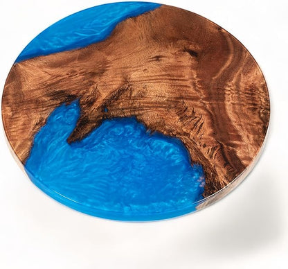 Handmade Reversible 16" Wood and Epoxy Resin Lazy Susan, Turntable for Kitchen Countertop, Rotating Display Stand, Organizer and Storage for Dining Table, Cup Board, Home Decor (Medium Blue)