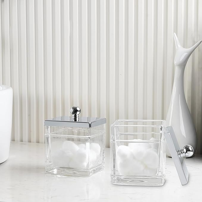 Indecor Home Glass Cotton Jar Holder 2 Pack– Silver/Chrome Lid, Elegant Bathroom Storage Canister for Qtips, Cotton Balls, Floss, Makeup Organizer, Vanity & Bathroom Organization