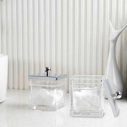Indecor Home Glass Cotton Jar Holder 2 Pack– Silver/Chrome Lid, Elegant Bathroom Storage Canister for Qtips, Cotton Balls, Floss, Makeup Organizer, Vanity & Bathroom Organization