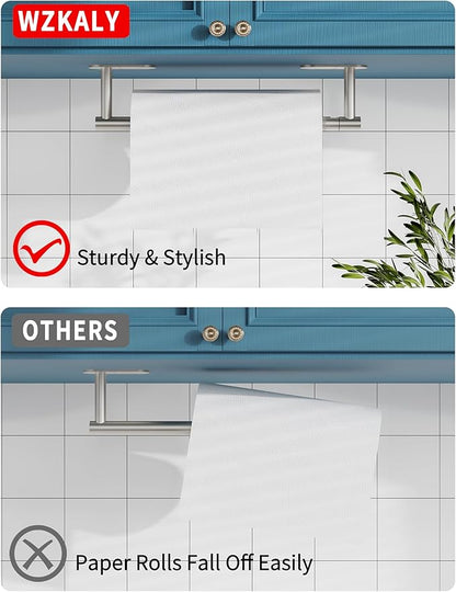 Paper Towel Holder Under Cabinet, Self Adhesive or Wall Mounted SUS304 Stainless Steel Paper Towel Holder for Kitchen, Bathroom(2 Towel Hooks, Silver)