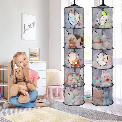 Basumee Stuffed Animals Net or Hammock 2 Pcs Stuffed Animals Storage Toy Net Hammock for Plushies Storage Organizer Mesh Kids Girls Room Decor, Black, 5 Tiers