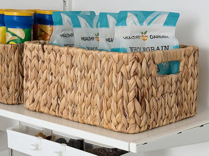 StorageWorks Wicker Storage Baskets for Shelves, Water Hyacinth Storage Baskets for Organizing, Wicker Basket for Bathroom Set of 3 (1PC Large, 2PCS Medium)