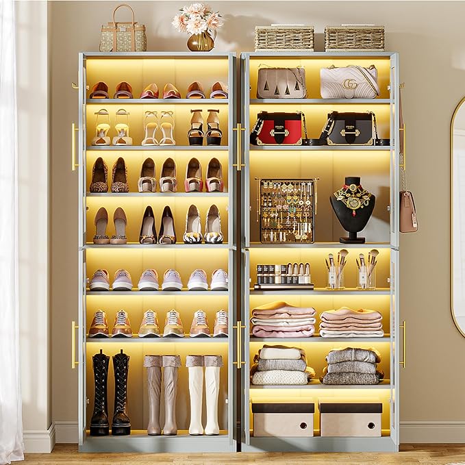 Tribesigns Tall Shoe Cabinet with Acrylic Doors and LED Lights, 8-Tier Shoe Organizer Storage Rack with Adjustable Shelves and Hanging Hooks for Narrow Closet, Hallway, Living Room, Gray (Set of 2)