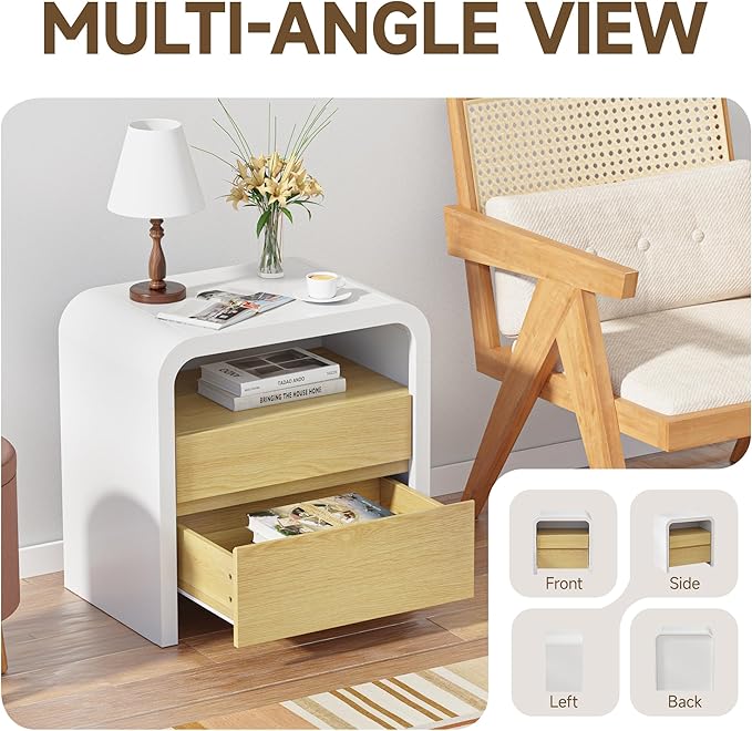HOCAT 24 inches White Modern Nightstand, Bedside Table with Curved Anti-Collision Design, Large Night Stand with 2 Storage Drawers and Open Wood Shelf for Bedroom, Farmhouse Side Table, End Table