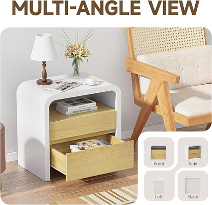 HOCAT 24" White Modern Nightstand Set of 2, Bedside Table with Curved Anti-Collision Design, Large Night Stand with 2 Storage Drawers and Open Wood Shelf for Bedroom, Farmhouse Side Table, End Table