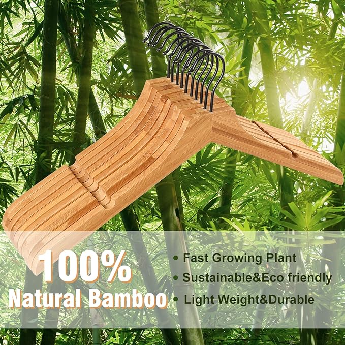 TOPIA HANGER Bamboo Wooden Hangers, Clothes Hangers with Rotatable Black Hook and Smooth Cut Nothces, Set of 12 Durable and Slim Wood Hangers for Coats, Suits, Jackets, Sweaters, Dresses - CTS03