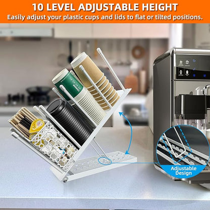 Coffee Bar Organizer Countertop, Metal Coffee Station Organizer with Straw Holder & Clean Brush, 4 Compartment Cup and Lid Holder Cup Dispenser Accessories Station (White)