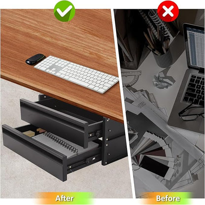 15 in 2-tier Under Desk Drawer,Adjustable Height, Pull out Storage Organizer with Slide Extension Mounted Under Flat Wooden Table or Workbench, Carbon Steel Hidden Desk Drawer