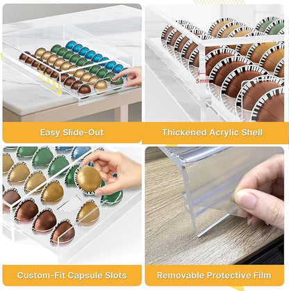 Coffee Pod Holder Compatible with Nespresso Pods Vertuo Holder, 40 Pods Capacity Acrylic Drawer Organizer, Suit for Home Office, Kitchen, Coffee Counter