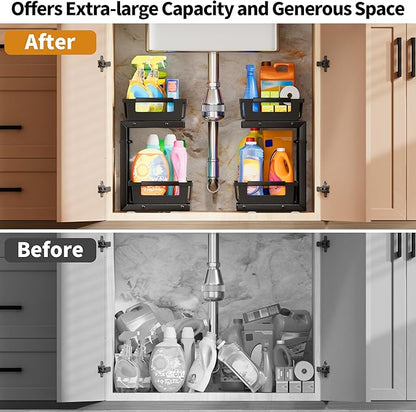 Under Sink Organizer 2 Pack, 2 Tier Adjustable Height Reinforced Carbon Steel Under Kitchen Bathroom Sink Storage Organizer, Smooth Pull-out Under Sink Cabinet Rack Drawer Organizer, Black