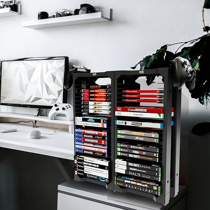ADZ Universal Game Holder – 46 Game Storage Tower Rack for PS2 PS3 PS4 PS5 PSP Xbox 360 Xbox One Series X Wii Switch Games DVD and Blu-Ray Disks. Includes 2 Controller Mounts (Black)