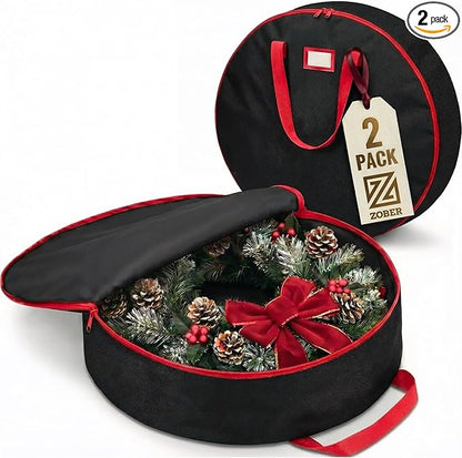 ZOBER 2 Pack Oxford Christmas Wreath Storage Container 36 Inch - Wreath Bag for Artificial Wreaths Box - Waterproof Fabric, Dual Zippered Wreaths Storage Bag With Strong Durable Handles - Black