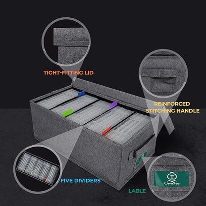 DVD Storage Box, Practical DVD Case Holder Organizer 15.75 x 8.46 x 6.3 Inch, DVD Rack with Lid and Index Labels to Hold up to 25 DVD Cases - Gray