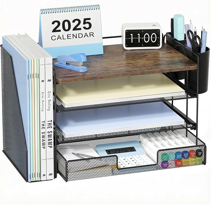 OPNICE Desk Organizers and Accessories, 4-Tier Desktop File Organizer with Drawer and 2 Pen Holders, Office Desk Accessories Workspace Organizers for Office Supplies(Wood)