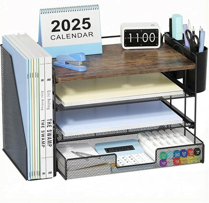 OPNICE Desk Organizers and Accessories, 4-Tier Desktop File Organizer with Drawer and 2 Pen Holders, Office Desk Accessories Workspace Organizers for Office Supplies(Wood)