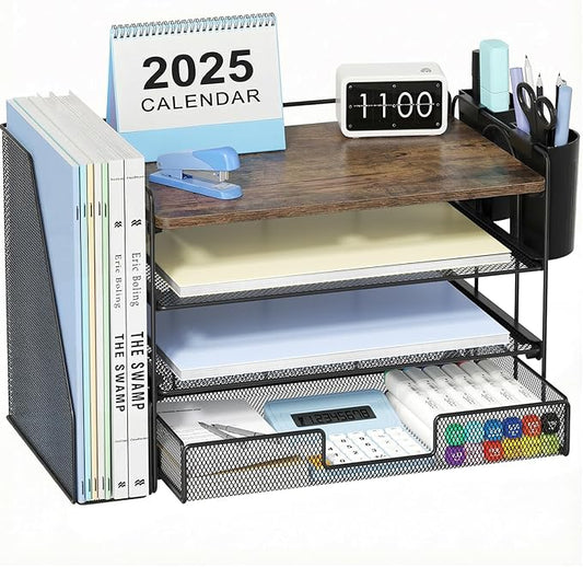 OPNICE Desk Organizers and Accessories, 4-Tier Desktop File Organizer with Drawer and 2 Pen Holders, Office Desk Accessories Workspace Organizers for Office Supplies(Wood)