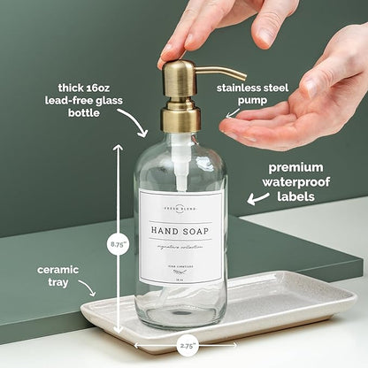 Vine Creations Glass Soap Dispenser, 2 Pack Kitchen Soap Dispenser Set with Ceramic Tray, Stainless Steel Pump, Dish Soap and Hand Soap Dispensers for Bathroom or Kitchen Decor with Waterproof Labels