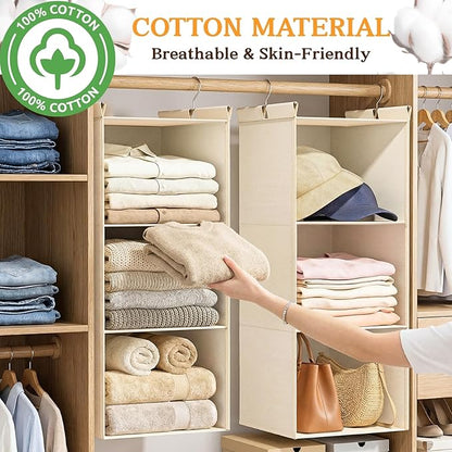 Ofiray-home Pure Cotton Dual Hanging Closet Organizer, 2-Pack 3-Tier Breathable Storage Bags for Wardrobe, RV, Nursery, Small Closets Heavy-Duty Cotton, Natural Beige