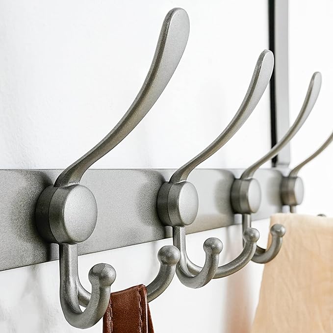Dseap Over The Door Hook Hanger - Fits 1 3/8" to 1 3/4" Standard Doors | 5 Tri Hooks Heavy Duty Towel/Coat Rack | Door Organizer for Clothes, Jackets, Hats, Towels, Grey, Pack of 2