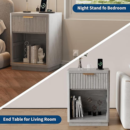 Fluted Farmhouse Night Stand Set of 2, Fluted Nightstand with Charging Station, FlutedNightstand Bedroom with Drawers, Modern Mid Century Bedside Table w/Metal Handle