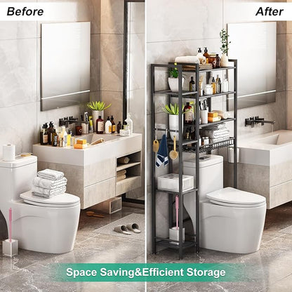 Kalrin 8-Tier Over The Toilet Storage with Side Rack, Over Toilet Storage Rack with Adjustable Shelf & Drain Basket, Freestanding Bathroom Organizer for Balcony, Laundry (Modern Grey)