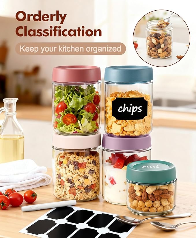 6 pack 16 oz Overnight Oats Containers with Lids and Spoons Glass Jars with Airtight Lids: Wide Mouth Mason Salad Jars, Leakproof and Reusable Glass Food Storage Container for Yogurt Snacks Spice