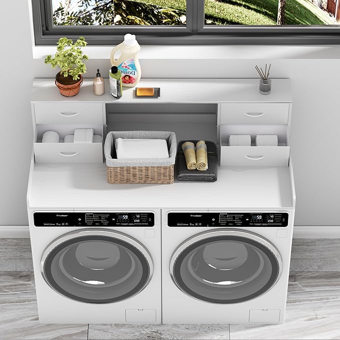 Washer and Dryer Countertop, 27.5“ D x 53.9“ W x 12.9“ H Solid Wood Washer and Dryer Countertop with Organizer Shelves with Four Drawers for Laundry Room Organization (White)