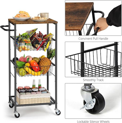 CADUKE Bar Cart with Handle, Serving Cart with Pull-Out Mesh Baskets, Utility Cart on Wheels for Kitchen, Dining Room, Living Room