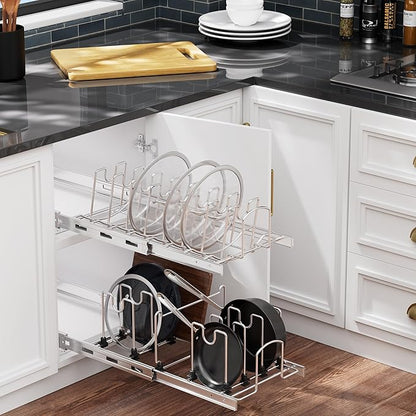 STORKING Slide Out Pot Lid Organizer Under Cabinet, Wire Dividers Kitchen Pull Out Pot Lid Storage Rack Holder, Full-Extension Rail 12" W*22" D