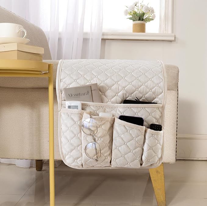 luckyjoyreal Velvet Armchair Caddy for Couch Remote Control Holder Non-slip Sofa Armset Organizer Caddy Storage for Recliner Couch 5 Pocket for Magazine 35"x13" Ivory 1 Piece