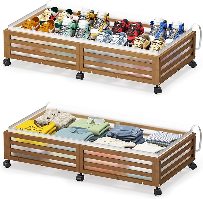 Wisuce Home Under Bed Storage Containers With Wheels - 2 Pcs Large Bamboo Wood Rolling Underbed Shoe Storage Bins With Dust Bags for Clothes Blankets, Duvet Covers Snacks Toys (Walnut)