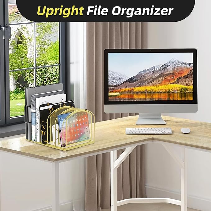 SUPEASY File Organizer for Desk, 5-Section Mesh Desk Organizer, Vertical File Holder Desktop Organizer File Sorter, File Folder Holder for Office Supplies, Gold