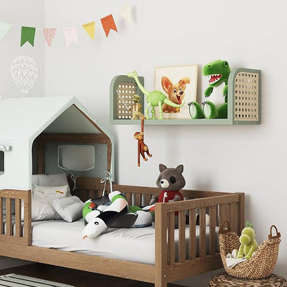 Green Rattan Wall Shelf, Wooden Hanging Bookshelf Storage, Cute Nursery Shelves Wall Mounted, Boho Decorative Floating Shelves for Kids Room, Living Room, Play Room, Bedroom