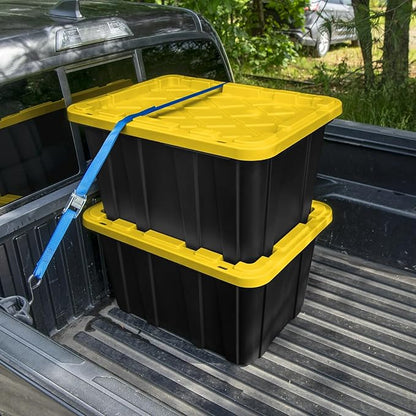 6-Pack 27-Gallon Industrial Totes - Rugged Black & Yellow Plastic Storage Bins with Secure Snap-On Lids, Stackable Design for Garage, Warehouse or Workshop Organization