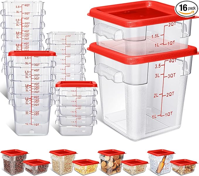 Yungyan 16 Pcs Restaurant Food Storage Containers with Lids Set 2Qt and 4Qt Commercial Restaurant Square Storage Containers Clear Food Cereal Container for Kitchen Freezer (Red Lids)