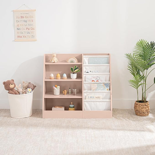 Comfy Cubs Kids Bookshelf 35.2 x 15.7 x 31.5 Inches - Sturdy MDF Montessori Book Shelf with Soft & Hard Shelves for Toys & Books - Child-Friendly, Easy Access Storage Organizer for Kids - Blush