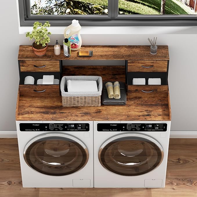 Washer and Dryer Countertop, 27.5" D x 53.9" W x 12.9" H Solid Wood Washer Dryer Countertop with Organizer Shelves with Four Drawers for Laundry Room Organization (Rustic Brown)