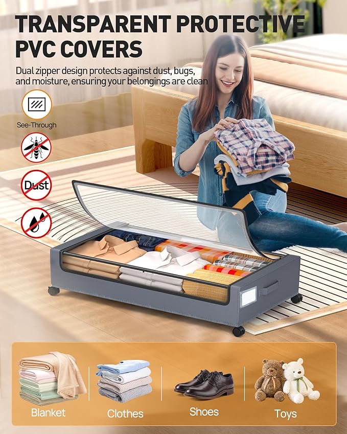 YEEBONIX Under Bed Storage With Wheels, 2 Pack Square Containers, 60L Bins, Rolling Metal Drawer for Clothes, Blankets, Shoes