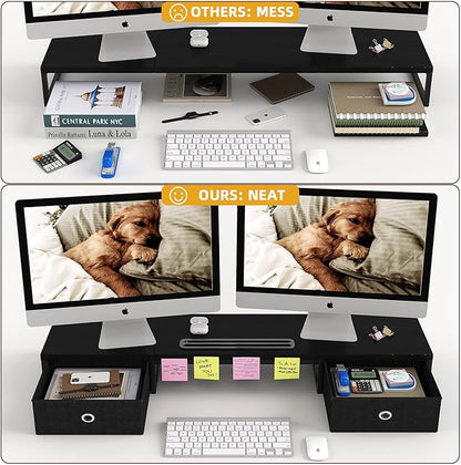 Mexin Dual Monitor Stand Riser with 2 Drawers - 39Inch Large Storage Computer Monitor Stands for 2 Monitors, Wooden Desktop Organizer Perfect for Home Office Desk, Computer, Laptop, TV, Black