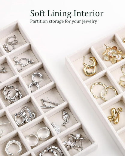 Teppdfann Stackable Jewelry Organizer Trays with Removable Dividers, 2-Tray Beige Jewelry Drawer Organizer Set for Earrings, Necklaces, Rings & Bracelets Gift for Her