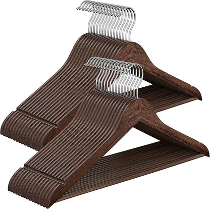 SONGMICS Wooden Hangers, Pack of 30, Coat Hangers, Pants Bar, 360° Swivel Hooks, Solid Birch Wood, Space Saving, for Jackets, Shirts, Coats, Walnut Brown UCRW030K02